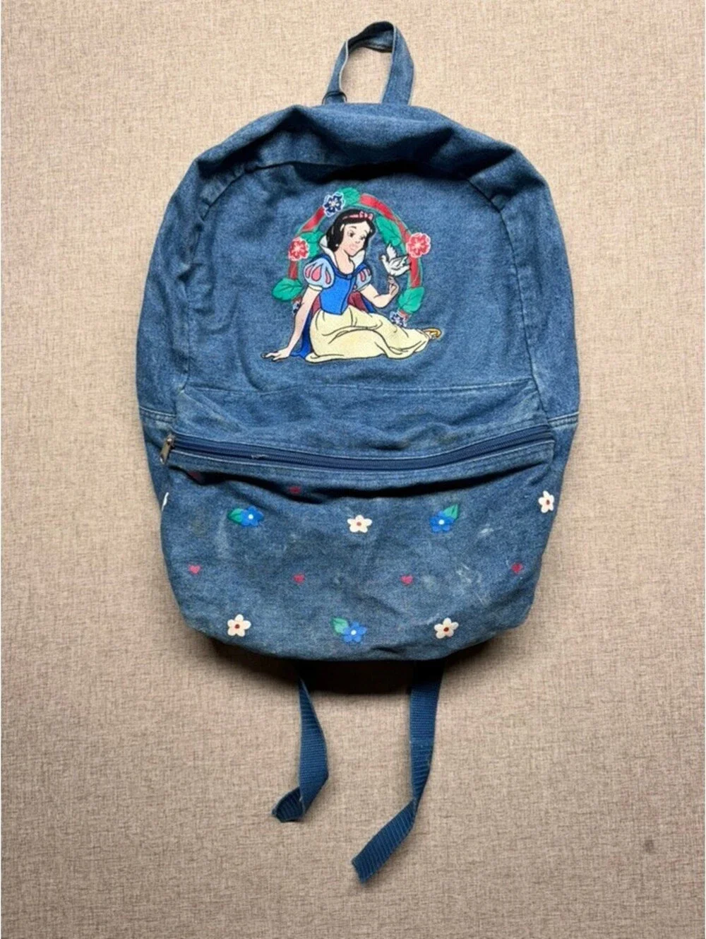 Vintage Disney Classics Snow White Denim Backpack Floral Print School Bag 90s